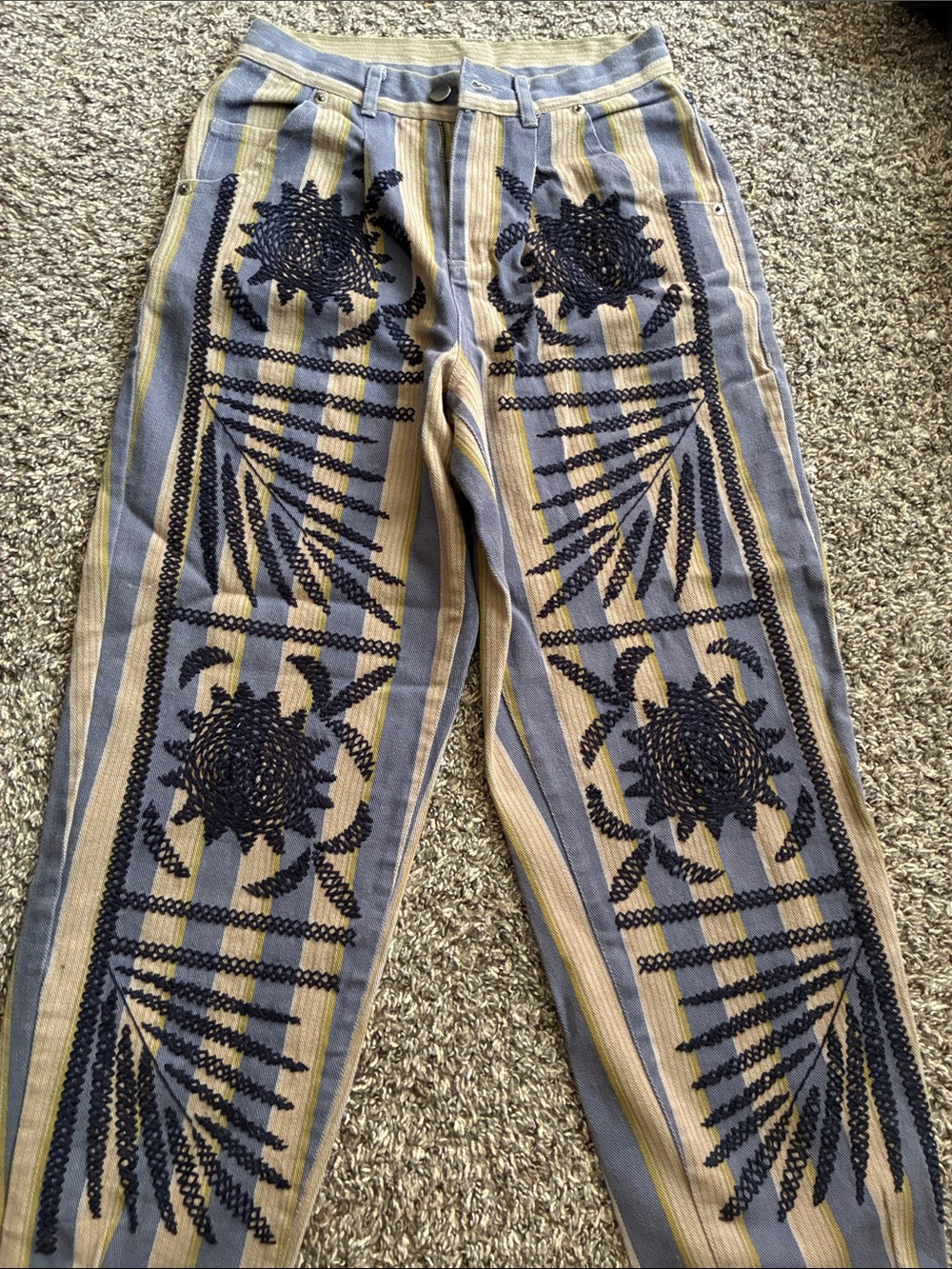 Urban Outfitters kimchi Blue & Tan Striped Corduroy Jeans with Navy Embroidery